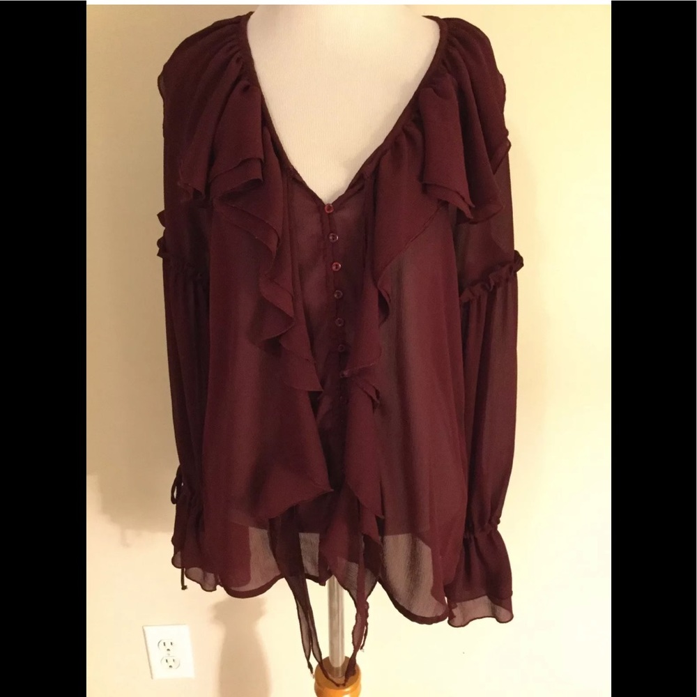 Metro 7 semi sheer burgundy blouse ruffles medium